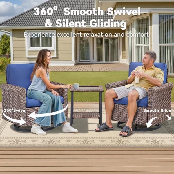 Patio Wicker Chairs Swivel Rocker, 2025 New Outdoor Swivel Rocking Chairs Set with Side Table, 3 PCS Patio Furniture Sets for Patio Deck Porch Pool (Blue, 3 PCS Side Table) - Image 2