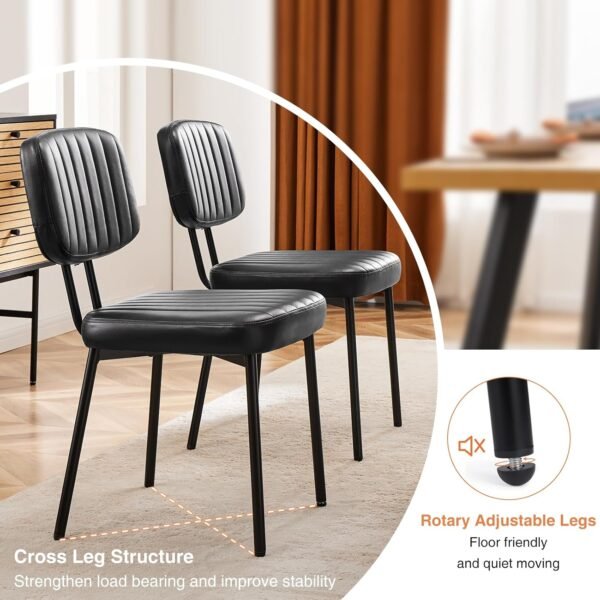 Sweetcrispy Dining Chairs Set of 6, Upholstered Mid Century Modern Kitchen Dining Room Accent Chairs with Faux Leather Cushion Seat & Metal Legs for Kitchen, Living Room - Black - Image 7