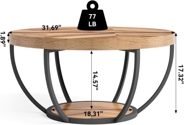 LITTLE TREE Round Coffee Table, 32" Circle Coffee Table for Living Room, 2-Tier Wood Accent Center Table with Open Storage Industrial Design Home Furniture (Wood Grain and Black) - Image 3