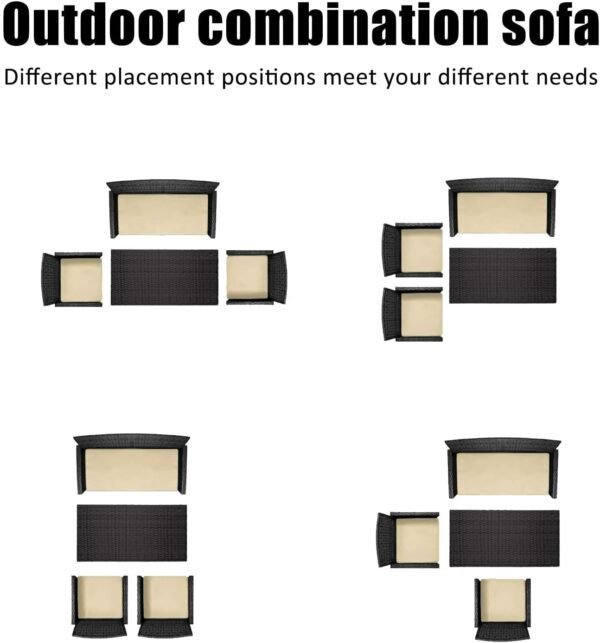 4 Piece Patio Furniture Set, Outdoor Patio Furniture Set with Soft Cushion and Glass Table Rattan Patio Chairs Conversation Sets with Sofa for Porch, Balconies, Lawns (Black and Beige) - Image 7