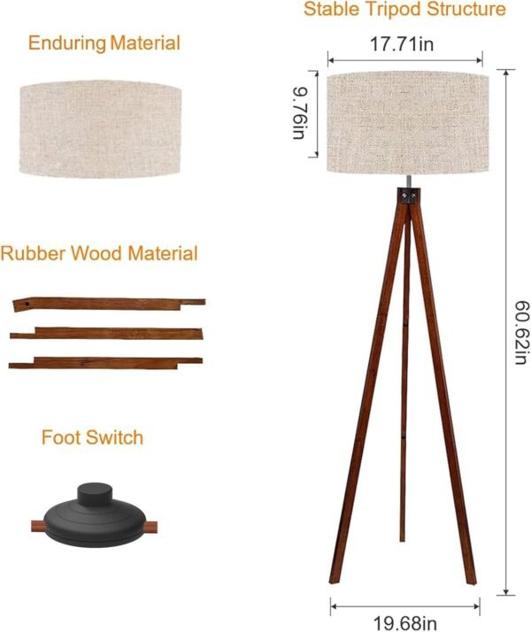 LEPOWER Wood Tripod Floor Lamp, Mid Century Standing Lamp, Modern Design Studying Light for Living Room, Bedroom, Study Room and Office, Flaxen Lamp Shade with E26 Base Brown - Image 5