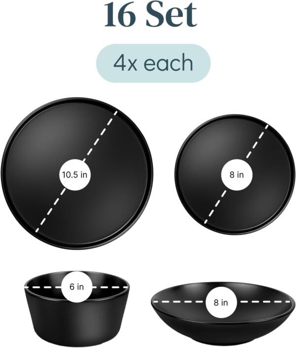 Matte Black Dinnerware Set - Ultra Chic Black Stoneware Dinnerware Sets for 4-16 pcs. Matte Black Plate Set - Dishwasher and Microwave Safe - Black Plates Ceramic and Bowls - Black Dishware - Image 3