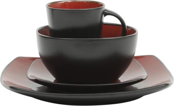 Gibson Soho Lounge Square Reactive Glaze Dinnerware Set, Red, Service for 4 (16pcs) - Image 7
