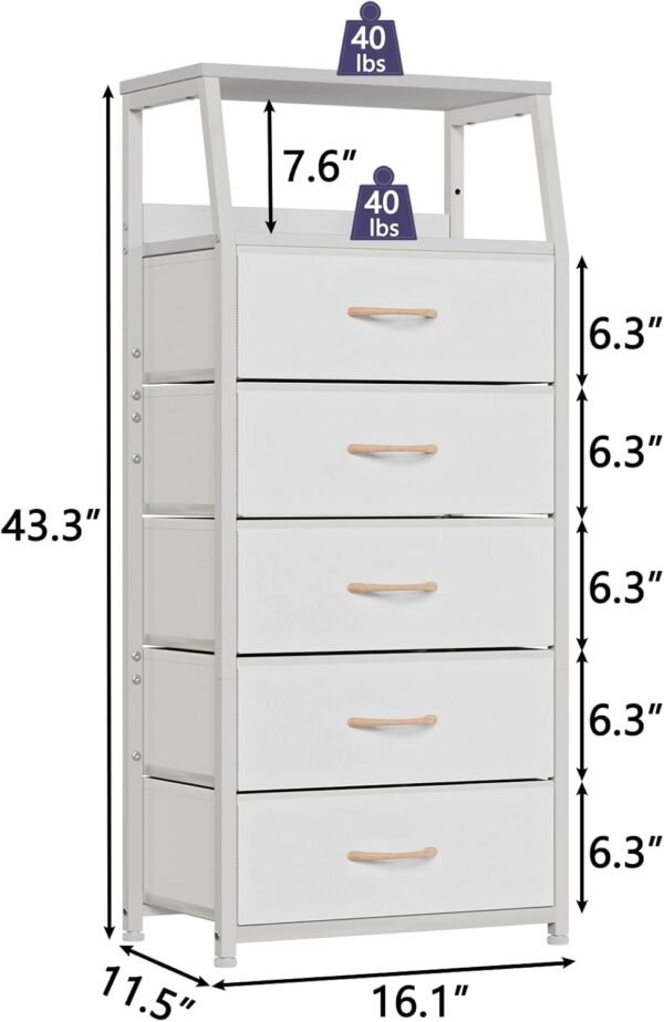 Furnulem White Dresser with 5 Drawers, Vertical Storage Tower Fabric Dresser for Bedroom, Hallway, Entryway, Nursery, Closet Organizer, Nightstand Bedside Table Furniture, Sturdy Steel Frame, Wood Top - Image 3