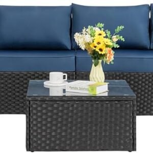 Shintenchi 7 Pieces Outdoor Patio Sectional Sofa Couch, Black Wicker Furniture Conversation Sets with Washable Cushions & Glass Coffee Table for Garden, Poolside, Backyard (Aegean Blue)
