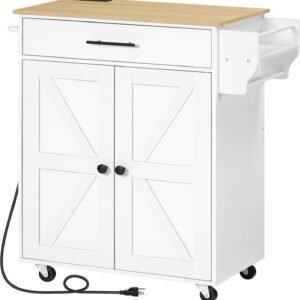 HOOBRO Kitchen Island with Power Outlet, Kitchen Storage Island with Large Worktop, Spice Rack and Drawer, Rolling Kitchen Cart on Wheels, for Kitchen and Dining Room, White and Natural