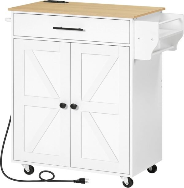 HOOBRO Kitchen Island with Power Outlet, Kitchen Storage Island with Large Worktop, Spice Rack and Drawer, Rolling Kitchen Cart on Wheels, for Kitchen and Dining Room, White and Natural