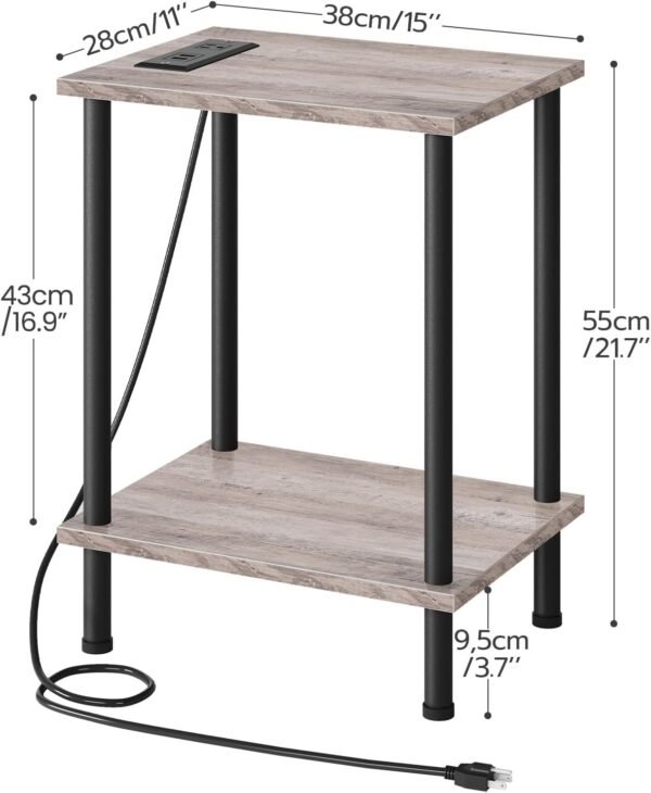 HOOBRO Set of 2 End Tables with Charging Station, Nightstand with 2-Layer Storage Shelves, Side Table for Small Spaces, Living Room, Bedroom, Stable Frame, Easy Assembly, Greige and Black BG09UBZP201 - Image 3