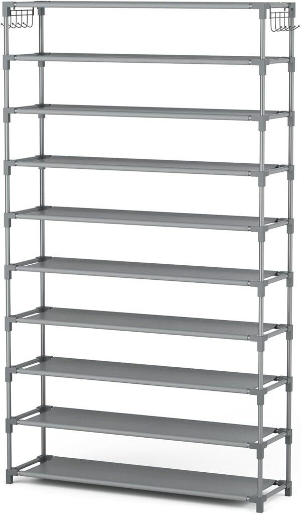 10 Tiers Shoe Rack 50 Pairs Large Capacity Tall Shoe Organizer Sturdy Shoe Storage with Two Hooks Space Saving Metal Wide Shoe Rack for Closet, Entryway, Bedroom, Grey - Image 8