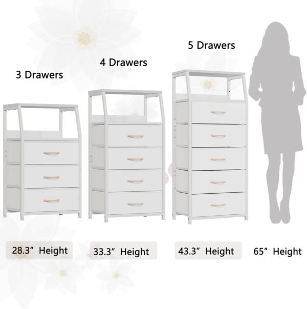 Furnulem White Dresser with 5 Drawers, Vertical Storage Tower Fabric Dresser for Bedroom, Hallway, Entryway, Nursery, Closet Organizer, Nightstand Bedside Table Furniture, Sturdy Steel Frame, Wood Top - Image 7