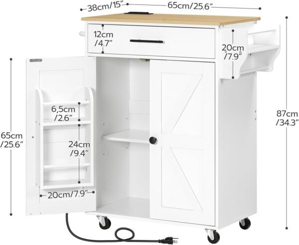 HOOBRO Kitchen Island with Power Outlet, Kitchen Storage Island with Large Worktop, Spice Rack and Drawer, Rolling Kitchen Cart on Wheels, for Kitchen and Dining Room, White and Natural - Image 3