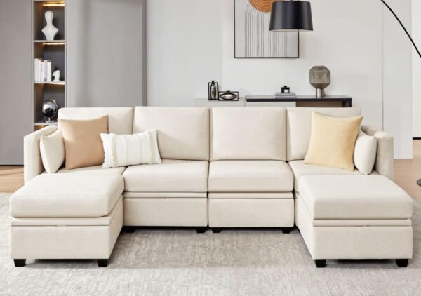 Modular Sectional Sofa with Storage, U Shaped Sectional Couch for Living Room, Convertible Modular Sofa Couch with Ottomans, High Supportive & Soft Sponge, 6 Seat, Beige