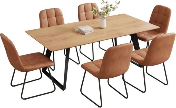 ZckyCine 63"-79" Expandable Dining Table Set for 6, Wood Table & 6 Brown Chairs, Extendable Kitchen Dining Table Set for Kitchen & Dining Room, Modern Oak & Brown - Image 3