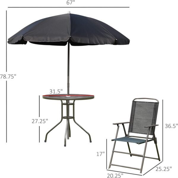Outsunny 6 Piece Patio Dining Set for 4 with Umbrella, Outdoor Table and Chairs with 4 Folding Dining Chairs & Round Glass Table for Garden, Backyard and Poolside, Black - Image 5