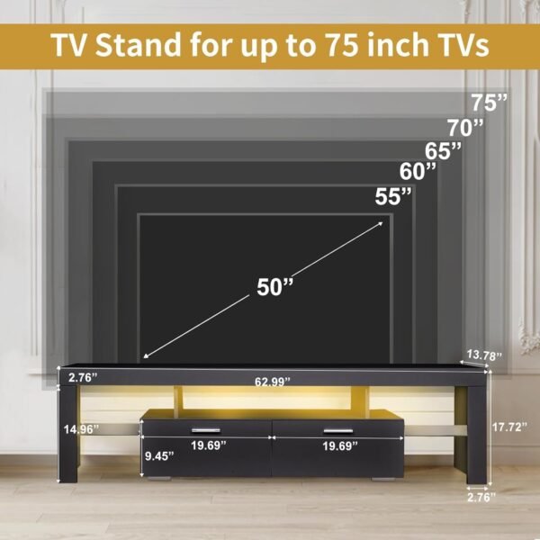 LED TV Stand for 65 Inch TV, Morden TV Console Table Entertainment Center, Gaming TV Cabinet for Living Room Bedroom Office Home Apartment Furniture (160 Black TV Stand 2 with 5 Storage) - Image 2