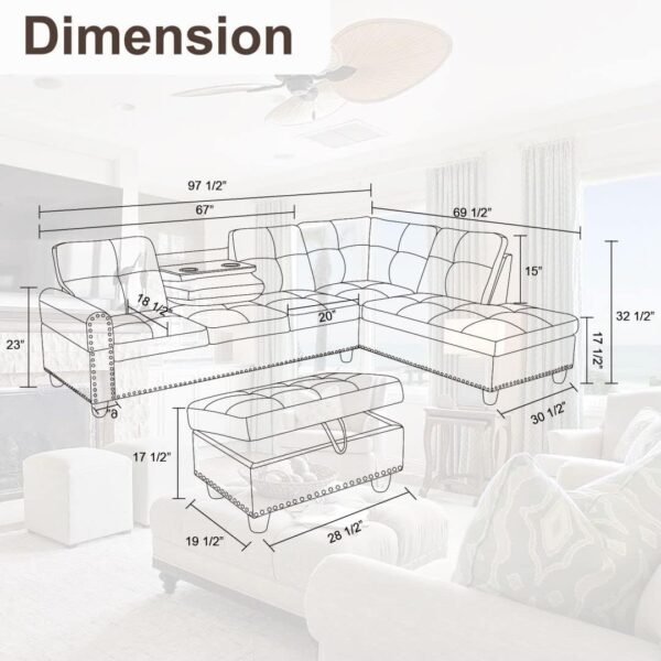 Sectional Couches with Ottoman Storage, Lounge Modular Sectional Sofa with Reversible Cup Holder, Modern Nail-Head L Shaped Couch for Living Room Furniture Sets, Bedroom, Gray - Image 2