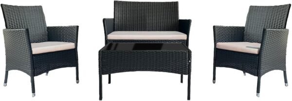 4 Piece Patio Furniture Set, Outdoor Patio Furniture Set with Soft Cushion and Glass Table Rattan Patio Chairs Conversation Sets with Sofa for Porch, Balconies, Lawns (Black and Beige) - Image 6