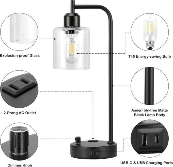 Industrial Table Lamps for Bedrooms Set of 2 - Fully Dimmable Bedside Lamps with USB A and C Ports and Outlet, Black Nightstand Lamps with Glass Shade for Living Room, Desk Lamps for Office Reading - Image 7