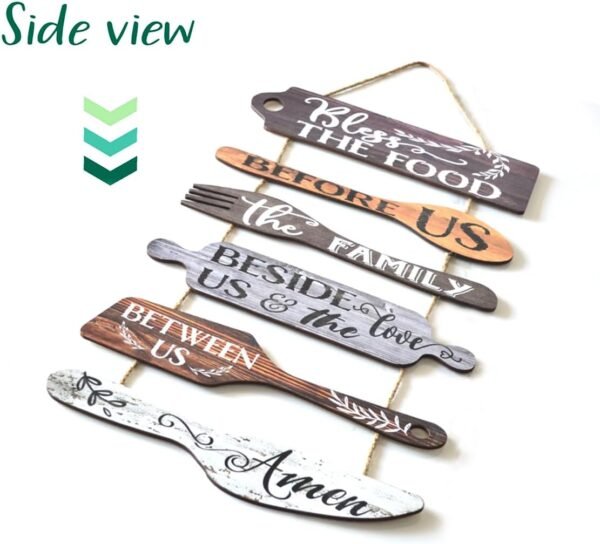 Bless the Food Before Us Farmhouse Kitchen Wall Decor - Dining Room Decorations Collage Wall Art in Neutral Grey Color - Wooden Rustic 6pcs Roped Sign 25x14 Inches Vertical - Image 4