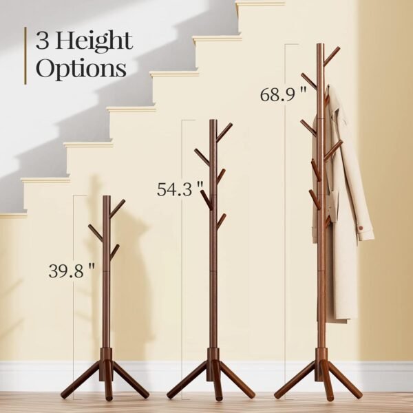Pipishell Sturdy Wooden Coat Tree with 8 Hooks, 3 Adjustable Sizes for Clothes, Hat Stand Used in Bedroom/Office/Entryway, Brown - Image 3