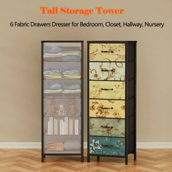Furnulem Tall 6 Drawers Dresser, Vintage Storage Organizer Unit with Fabric Bins for Bedroom, Living Room, Closet, Nusery, Dorm, Entryway, Bedside Furniture, Sturdy Metal Frame, Wood Top - Image 6