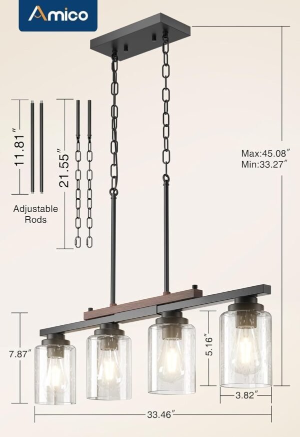 Amico Dining Room Light Fixture 4-Light Kitchen Island Lighting with Adjustable Rods, Farmhouse Decor Black Metal & Wood Chandelier with Seeded Glass Shade, Island Lights for Kitchen - Image 3