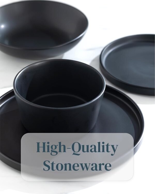 Matte Black Dinnerware Set - Ultra Chic Black Stoneware Dinnerware Sets for 4-16 pcs. Matte Black Plate Set - Dishwasher and Microwave Safe - Black Plates Ceramic and Bowls - Black Dishware - Image 6