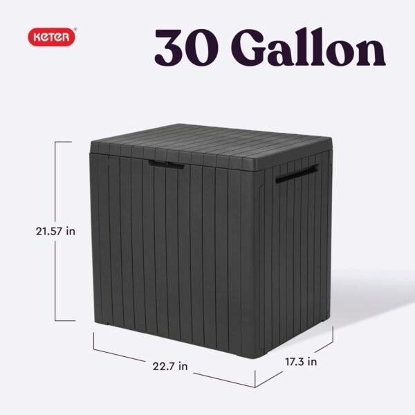 Keter City 30 Gallon Resin Outdoor Storage Box and Patio Storage Box Side Table for Pool and Garden Accessories, Dark Grey - Image 2