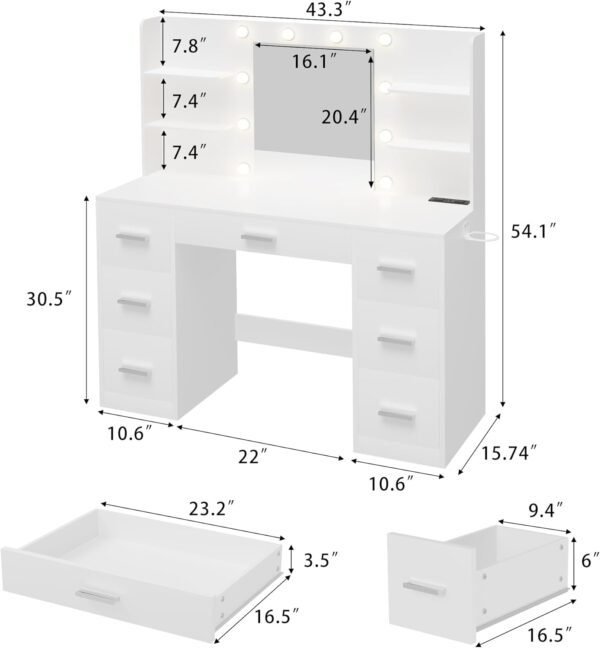 Furmax Vanity Desk with Mirror, LED Lights and Power Outlet Makeup Vanity Table with 7 Drawers and 6 Storage Shelves Dressing Table for Bedroom Dressing Room (White) - Image 3