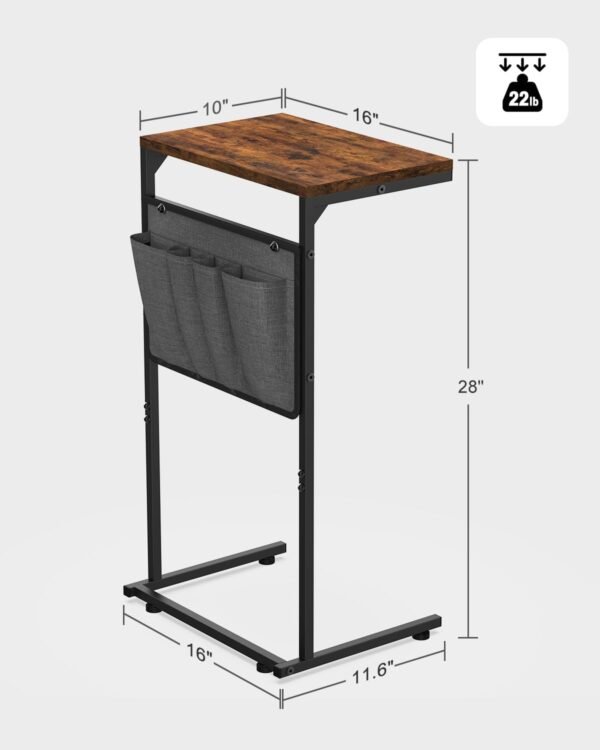 Vantic C Shaped End Table, Small Side Table for Couch and Recliner, Slide Under Sofa Tray Desk with Storage Bag for Living Room and Bedroom, Rustic Brown - Image 2