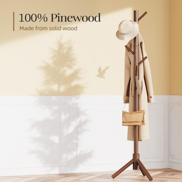 Pipishell Sturdy Wooden Coat Tree with 8 Hooks, 3 Adjustable Sizes for Clothes, Hat Stand Used in Bedroom/Office/Entryway, Brown - Image 4
