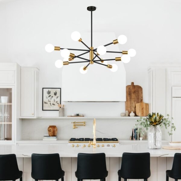 33" Modern Chandelier Ceiling Light Fixture, 12-Light Sputnik Chandeliers Gold and Black Mid Century Chandelier Over Table, Height Adjustable Chandeliers for Dining Room Living Room Kitchen Island - Image 9