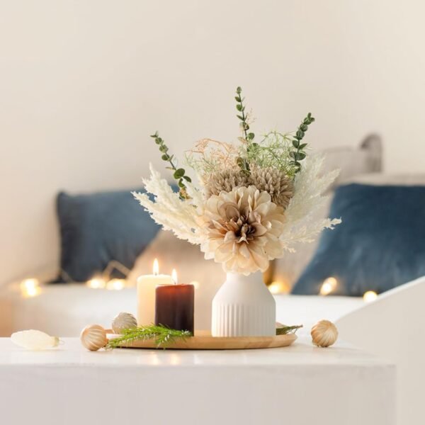 Mkono Small Artificial Flowers in Ceramic Vase 13.5" Centerpieces Coffee Table Decor, Silk Flower Arrangements for Home Decor Indoor Fake Flower Bouquet for Dining Room Kitchen Wedding Brown - Image 2