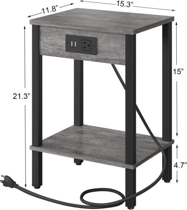 Set of 2 End Table with Charging Station, Narrow Side Table with USB Ports and Outlets, Nightstands with 2-Tier Storage Shelves, Sofa Table for Small Space Living Room Bedroom, Grey - Image 3