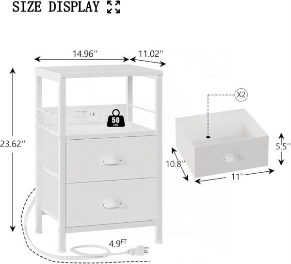 Furologee End Table with Charging Station, Nightstand with Fabric Drawers, Side Tables with USB Ports & Outlets, Night Stand with Storage Shelf & Hooks, for Living Room/Bedroom, White - Image 3