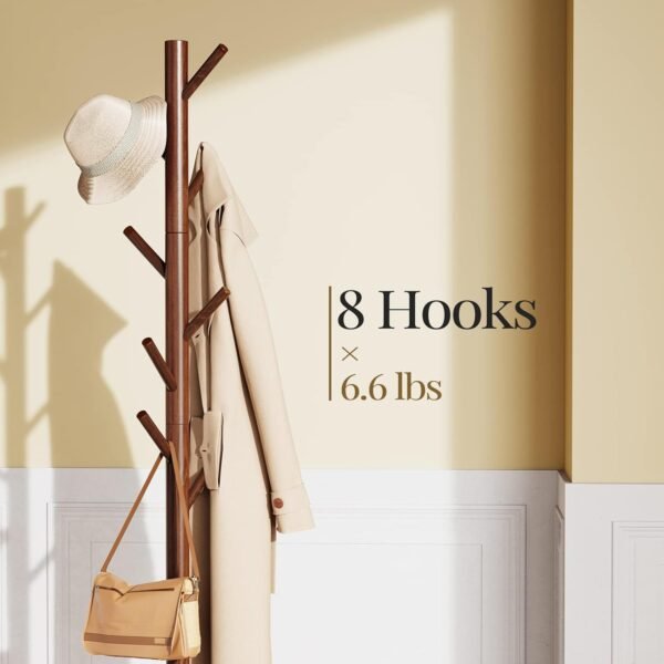 Pipishell Sturdy Wooden Coat Tree with 8 Hooks, 3 Adjustable Sizes for Clothes, Hat Stand Used in Bedroom/Office/Entryway, Brown - Image 2