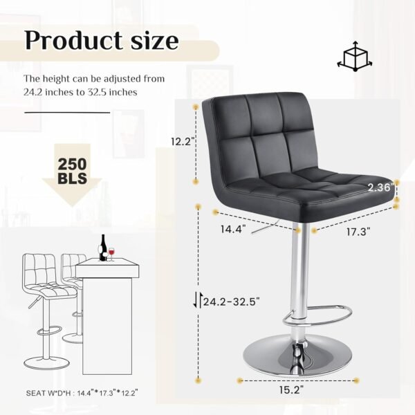 DUMOS Bar Stools Set of 4, 24 inch Counter Height Bar Stools, Upholstered Modern Kitchen Barstools with Metal Base, PU Leather Saddle Stools for Kitchen Island, Black - Image 3