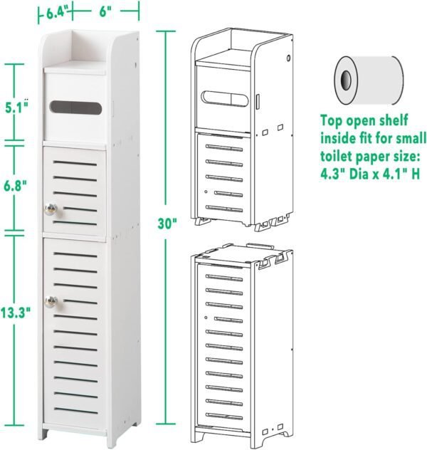 TUOXINEM Storage Cabinet for Small Spaces, Over The Toilet Cabinet for Skinny Bathroom Storage Corner Floor, Slim Paper Cabinet with 2 Doors & Shelves (White) - Image 2