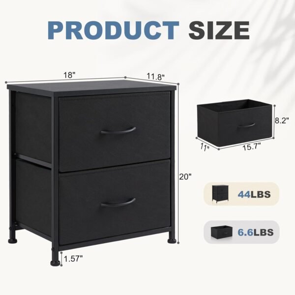 DUMOS Nightstand Set of 2, Small Dresser with 2 Fabric Drawers Side Bedroom End Table Kids Bedside Storage Furniture for 25 inch Tall Night Stand for Closet, Entryway, College Dorm, Black, M-2 Pack - Image 3