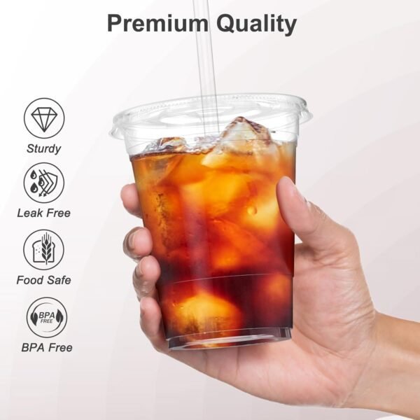 100 Pack - 16 oz Clear Plastic Cups with Lids and Straws, Sturdy & Food Safe Iced Coffee Cups with lids, Disposable Plastic Smoothie Cups for Cold Drinks - Image 3