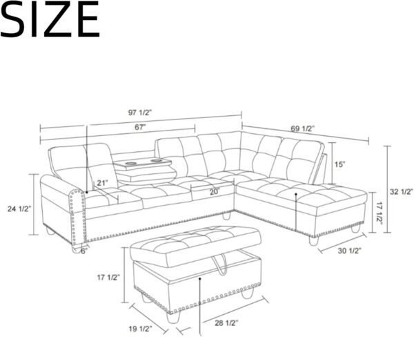 L Shaped Sectional Couches, Modular Sectional Sofa with Ottoman Storage, Nail-Head Design Lounge Sofa with Reversible Cup Holder for Living Room, Bedroom, Gray - Image 2