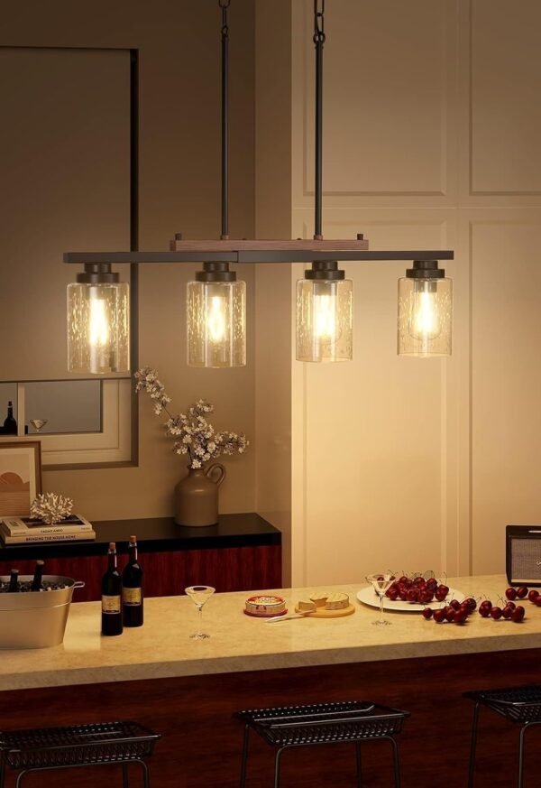 Amico Dining Room Light Fixture 4-Light Kitchen Island Lighting with Adjustable Rods, Farmhouse Decor Black Metal & Wood Chandelier with Seeded Glass Shade, Island Lights for Kitchen - Image 5