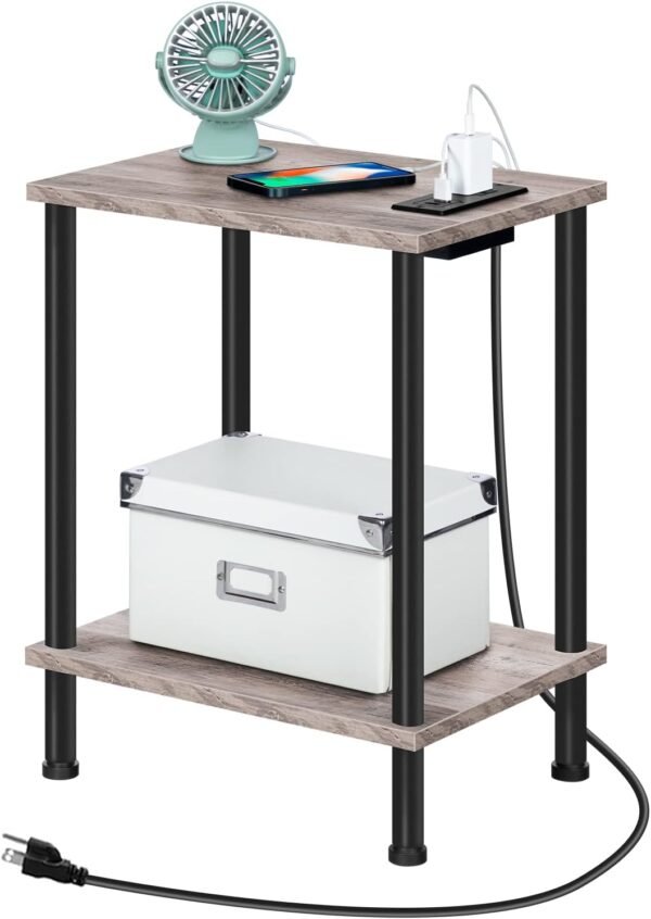 HOOBRO Set of 2 End Tables with Charging Station, Nightstand with 2-Layer Storage Shelves, Side Table for Small Spaces, Living Room, Bedroom, Stable Frame, Easy Assembly, Greige and Black BG09UBZP201 - Image 6