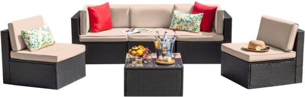Devoko Patio Furniture Sets 6 Pieces Outdoor Sectional Rattan Sofa Manual Weaving Wicker Patio Conversation Set with Glass Table and Cushion (Beige)