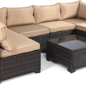 LEVELEVE 7 Pieces Outdoor Patio Furniture Sets,Rattan Conversation Sectional Set,Manual Weaving Wicker Patio Sofa with Tea Table