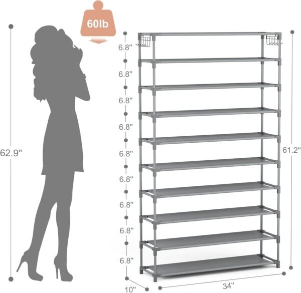 10 Tiers Shoe Rack 50 Pairs Large Capacity Tall Shoe Organizer Sturdy Shoe Storage with Two Hooks Space Saving Metal Wide Shoe Rack for Closet, Entryway, Bedroom, Grey - Image 3