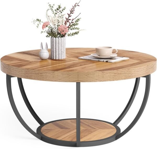 LITTLE TREE Round Coffee Table, 32" Circle Coffee Table for Living Room, 2-Tier Wood Accent Center Table with Open Storage Industrial Design Home Furniture (Wood Grain and Black)