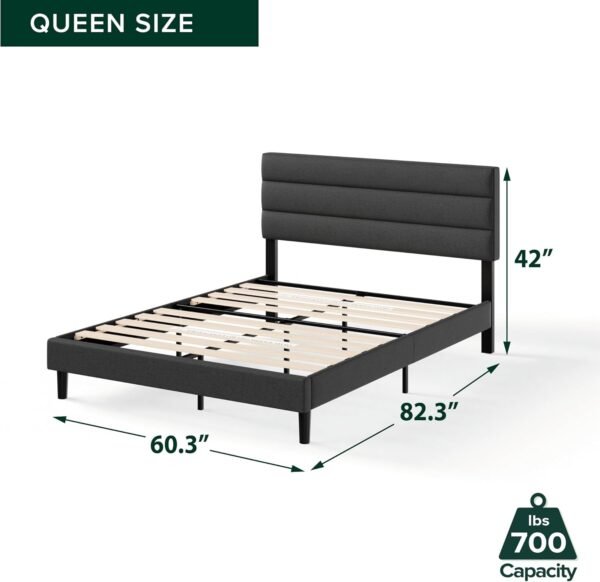 ZINUS Queen Piper Upholstered Platform Bed with Horizontal Paneled Headboard, Wooden Slat Support, No Box Spring Needed, Easy Assembly, Eco Friendly Packaging, Dark Grey - Image 2