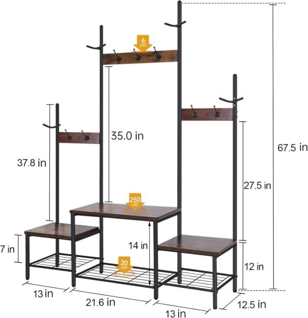 Parent-Child Hall Tree Entryway Bench with Coat Rack Sturdy Shoe Rack Storage, 3-in-1 Functional Hall Tree Industrial Rustic Wood Metal Furniture for Entrance (1+2 Rustic Brown + Black) - Image 6