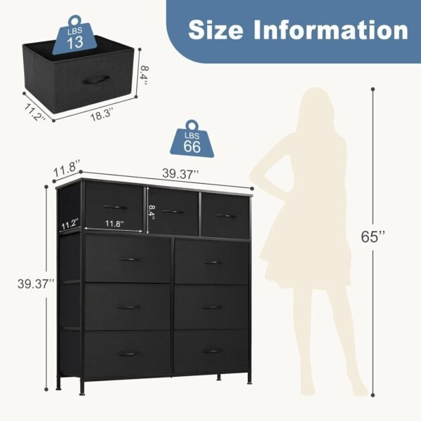 DUMOS Dresser for Bedroom, Storage Organizer with 9 Drawers, Chest of Drawers with Fabric Bins, Sturdy Metal Frame, Wood Tabletop for Guest Room, Closet, Entryway, Nursery - Image 3